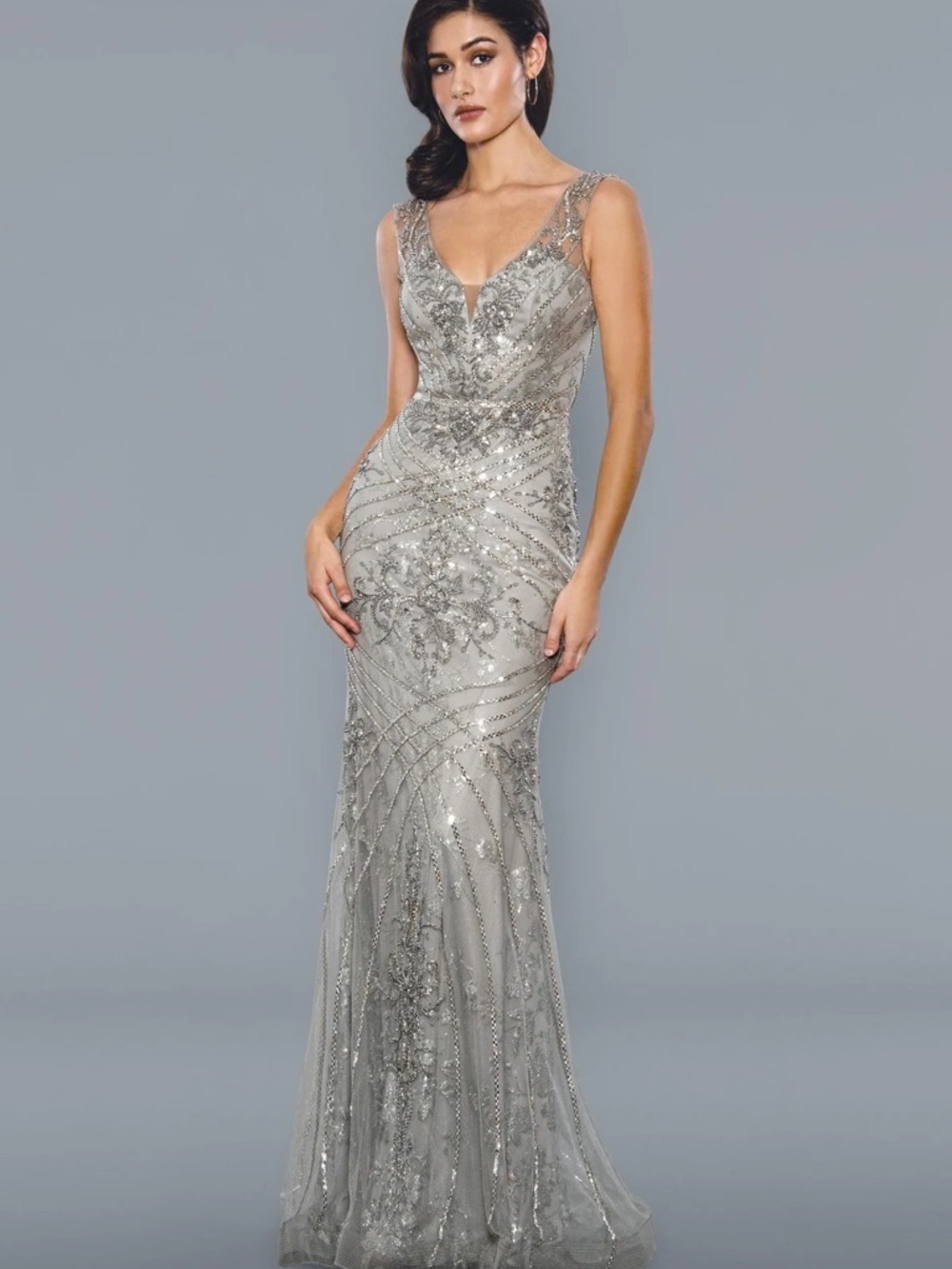 Silver Sequin Embellished Maxi Evening Dress